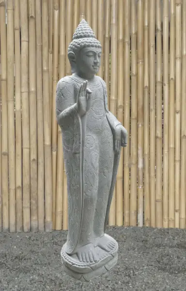 Product image 4 of the product “Standing Buddha with floral carving, Abudaya position. 40 x 28 x 152cm. Natural stone (river stone), stonemasonry ”